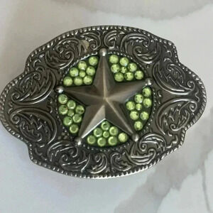 Vintage Western Metal Belt Buckle‎ Star green Rhinestones Ornate Cowgirl Rodeo